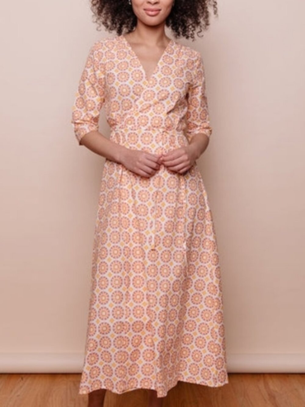 Mata Traders Women's Peach Tile Print Lightweight V-Neck Aditi Wrap Dress Size L